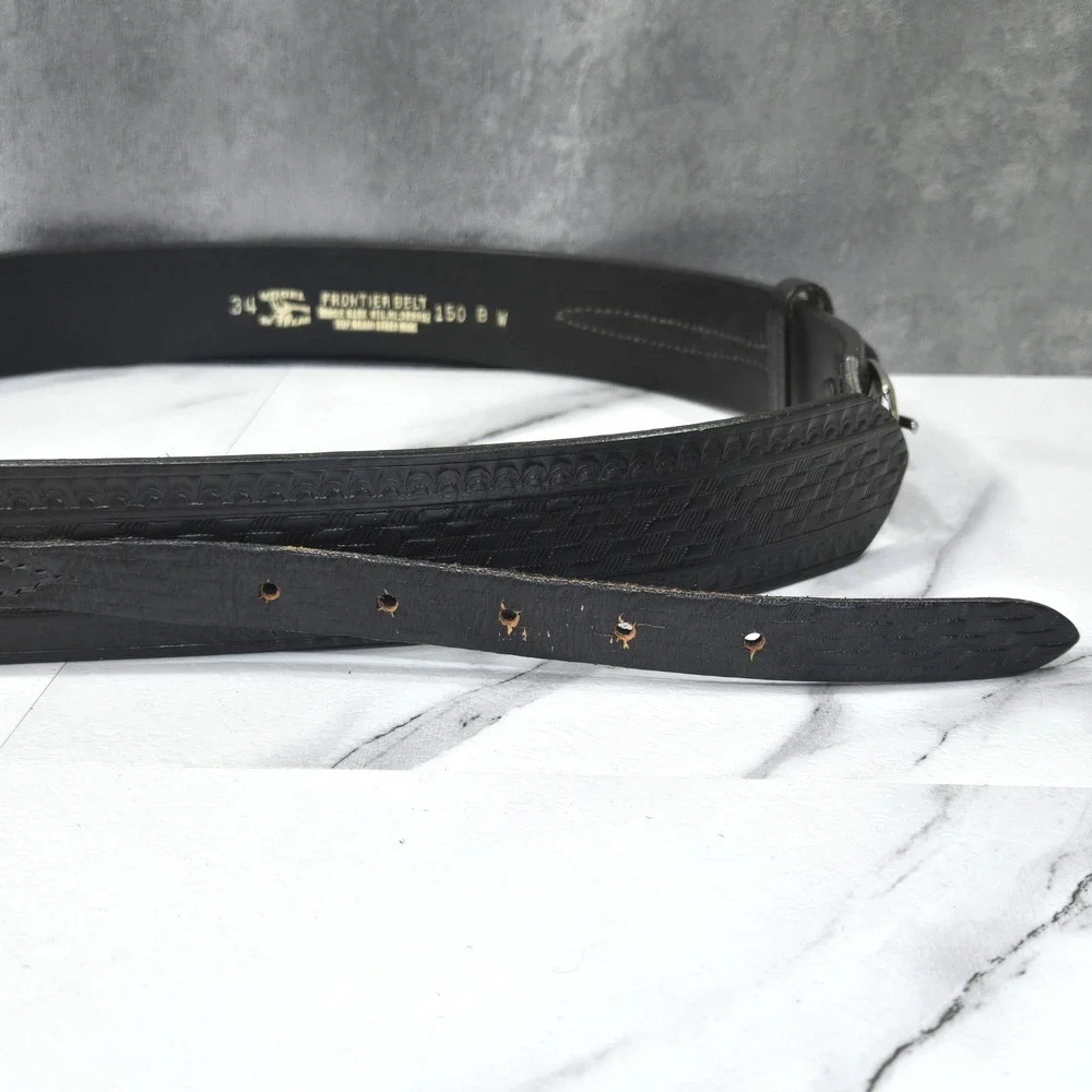 VTG Vogel of Texas Frontier Belt Mens 34 Black Tooled Basketweave Leather Buckle